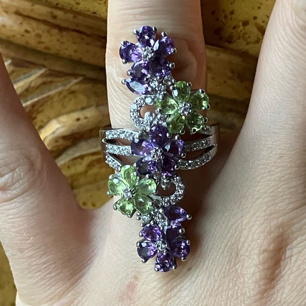 Natural Amethyst Peridot Sterling Silver Cocktail Ring Size 7